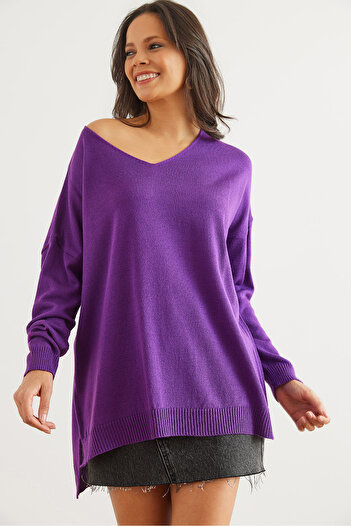 Olalook Pulover din tricot mov cu decolteu în V - KZK- 19000868
