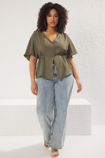 Trendyol Curve Khaki Woven V-Neck Tie up Blouse Tbbss22Bz0753