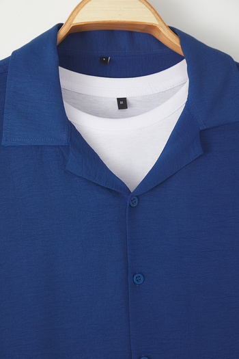 Trendyol Collection Indigo Oversize Fit letní plátěná košile s krátkým rukávem TMNSS24GO00019