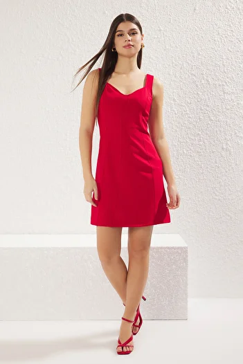 Trendyol Collection Red A-Line Stitching Detail Mini Woven Dress Twoss25El00054