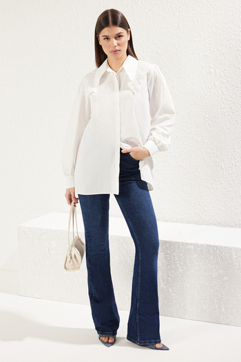 Trendyol Modest Ecru Embroidery Detailed Woven Shirt Tctss25Tg00008