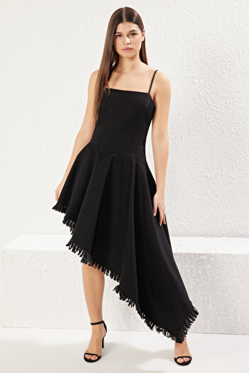 Trendyol Collection Black Midi Denim Dress with Asymmetrical Straps and Flounce - Twoss25El00511