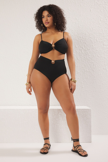Trendyol Curve Black Large Size Bikini Bottom with High Waist Accessory Detail Tbbss25Cr00000