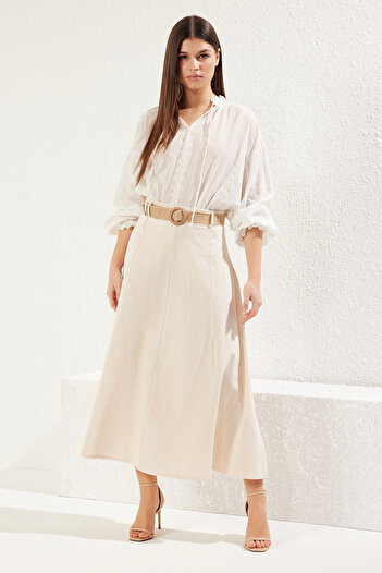 Trendyol Collection Beige Belt Detailed Linen Maxi Size A-Line Maxi Size Woven Skirt Twoss25Et00071