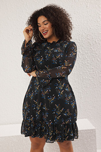 Trendyol Curve Black Stand Collar Chiffon Crispy Floral Print Woven Plus Size Dress Tbbaw25Ah00119
