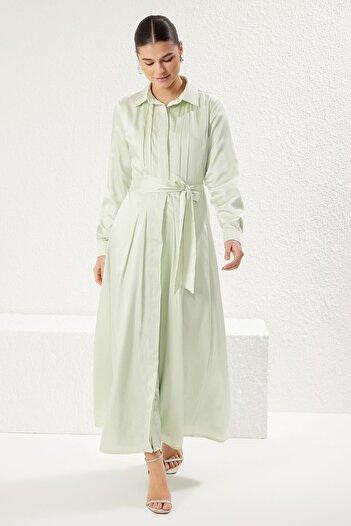 Trendyol Modest Mint Unlined Plain Woven Satin Hijab Dress Tctss25Eb00017