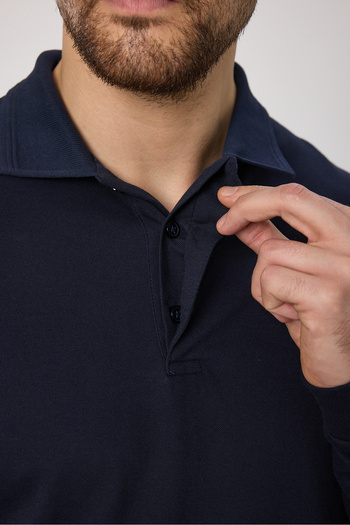 Frappoli Fonte Men's Navy Blue 100% Cotton Pique Knitted Stretchy Fabric Slim Fit Long Sleeve Polo T-Shirt