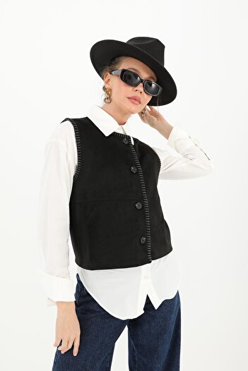 Puane Women's Button Detailed Suede Vest - 10600Ylk - Black
