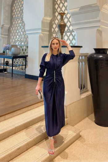 EMNORA Navy Blue Satin Evening Dress with Perla Stone Detail