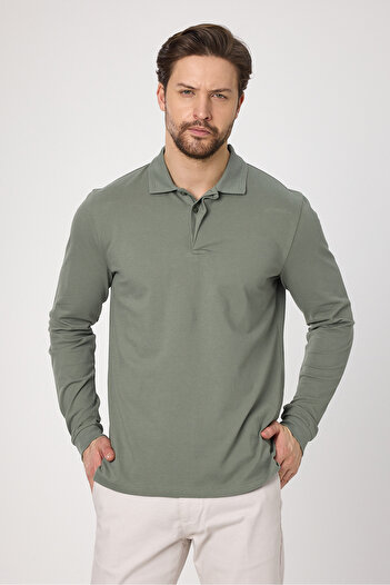 Frappoli Fonte Men's Green 100% Cotton Pique Knitted Stretchy Fabric Slim Fit Long Sleeve Polo T-Shirt