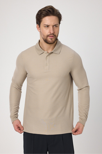 Frappoli Lewin Erkek Bej %100 Pamuk Waffle Çekmeyen Esneyen Kumaş Slim Fit Uzun Kol Polo Tişört