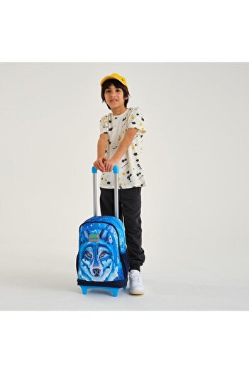 Coral High Kids Navy Blue Wolf Patterned Three-Compartment School Backpack 23943