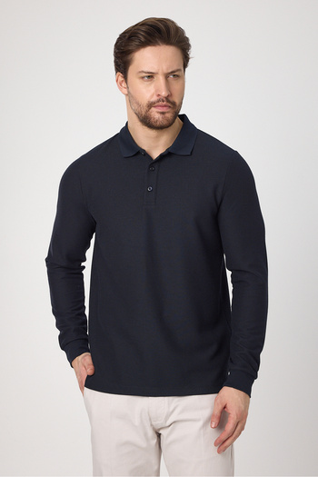 Frappoli Lewin Men's Navy Blue 100% Cotton Waffle-Free Stretching Fabric Slim Fit Long Sleeve Polo T-Shirt