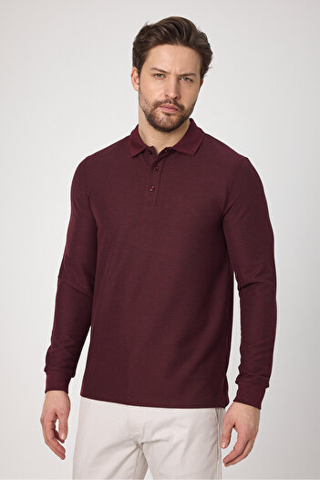 Frappoli Lewin Men's Burgundy 100% Cotton Waffle-Free Stretching Fabric Slim Fit Long Sleeve Polo T-Shirt