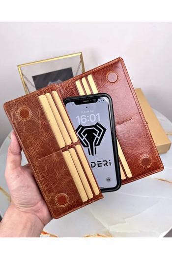 Fil Deri With Phone Compartment - Genuine Leather Wallet - with Magnet and Hand Tape - Large Portfolio 2028