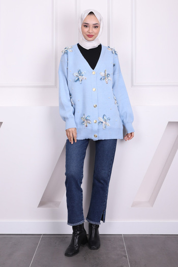 İmajButik Baby Blue Floral Detailed Knitwear Cardigan