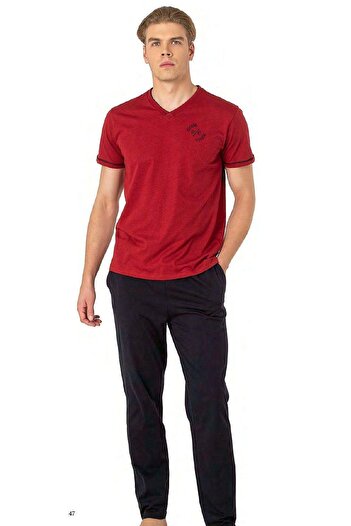 Pierre Cardin 6083 Men's Short Sleeve V-Neck Pajamas Set-Burgundy