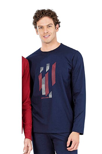 Pierre Cardin 6063 Men's Long Sleeve Crew Neck Pajamas Set-Navy Blue