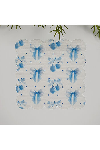 DECO Pastel Blue Bow and Cherry Patterned Washable Fabric Napkin 1 Piece