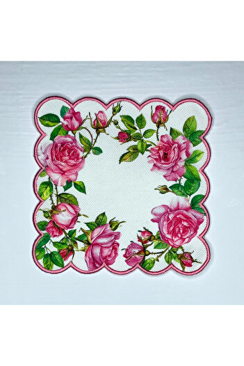DECO Pink Rose Patterned Watercolor Embroidered Digital Cocktail Napkin