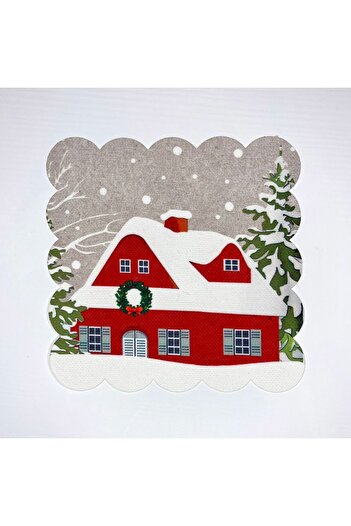 DECO Christmas Red Cocktail Napkin - Snow Themed, Digital Printed, Washable Laser Cut
