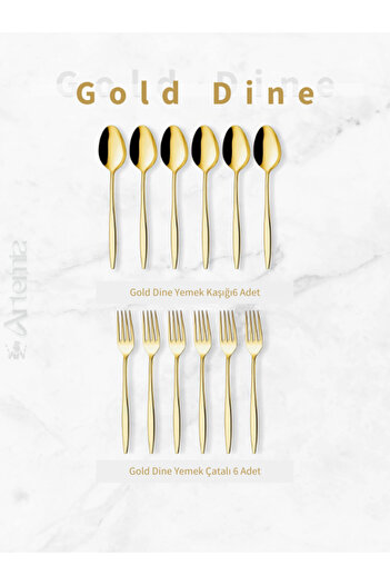 DMR LİFE Gold Dine 12 Piece Fork/Spoon Set for 6 People (Shiny Gold)
