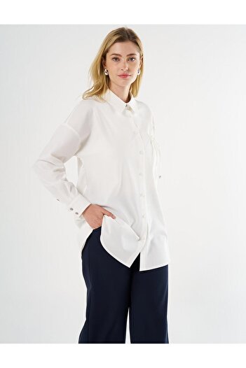Kayra Ecru Tunic - Shirt Collar and Lacing Detail