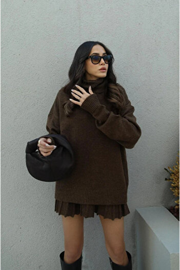 ZF BUTİK Coffee Pleated Mini Skirt Fisherman Sweater Bottom Top Knitwear Set