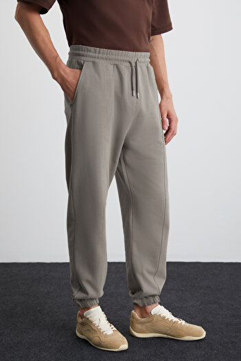 GRIMELANGE ROWAN Erkek Organik Pamuklu Relaxed Fit İçi Polarlı Süs etiketli Jogger Gri Eşofman Altı
