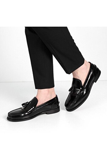 Celal Gültekin Men's Black Tasseled Leather Loafer