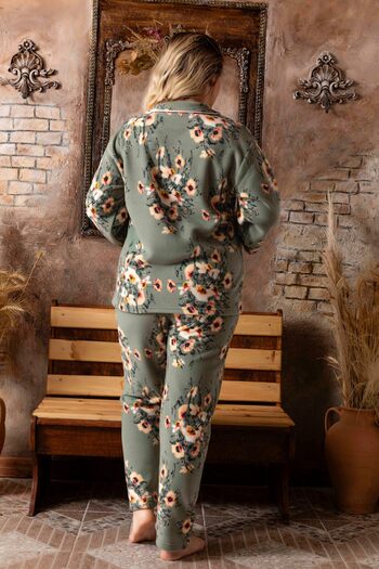 CALİA Women's Oversize Large Size Buttoned Front Long Sleeve Fleece Pajama Set