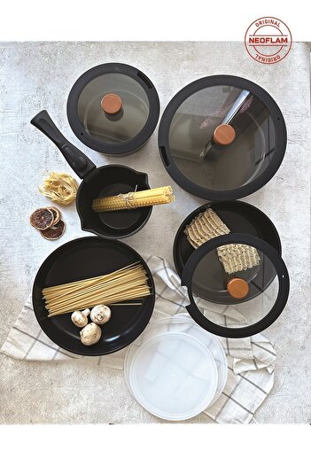 Prima Nova Neoflam Midas Black 11 Piece Interlocking Induction Pot and Pan Set with Detachable Handle