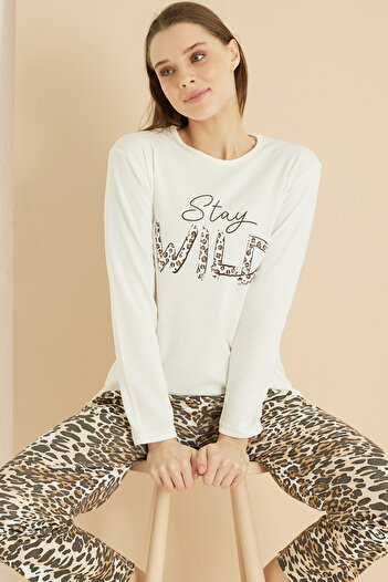 Siyah İnci White Leopard Print Cotton Knitted Pajamas Set 7819