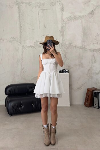 MEECY Women's White Lace Detailed Laced Dress