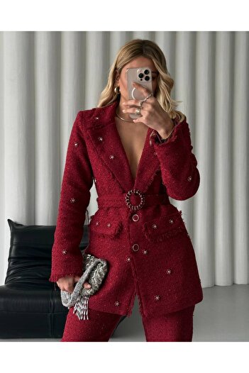 1Moda1Tarz Kadın Kırmızı İthal Simli Tüvit Kumaş Astarlı Kemerli Püskül Detay Boncuk Aksesuarlı Tasarım Takım