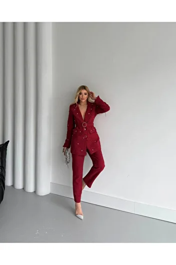 1Moda1Tarz Women's Red Imported Silvery Tweed Fabric Lined Belted Tassel Detail Bead Accessory Design Suit