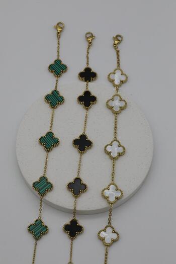Inure Jewelry Beş Yoncalı 4 Yapraklı Model Beyaz & Siyah & Yeşil 3'ü 1 Arada Çelik Bileklikler