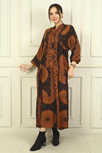 By Saygı Women's Front Half Button Ethnic Print Ruffled Oversize Long Dress