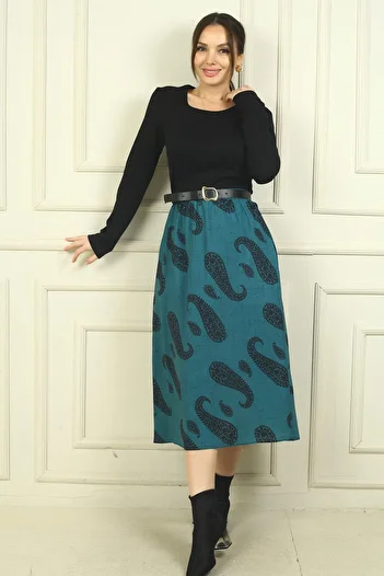 By Saygı Fusta de damă cu centură în talie Rochie căptușită cu model șal
