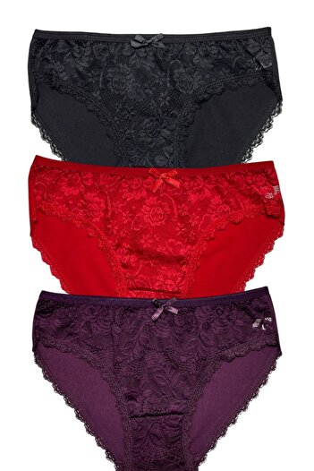 Gizli Butik Pachet de 3 chiloți bikini din bumbac pentru femei - dantelă în față neagră, roșie, violet