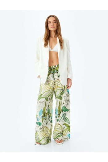 Koton Floral Patterned Wide Leg Viscose Trousers with Pockets