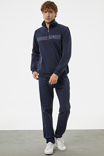 Sementa Stripe Detailed Stand Collar Tracksuit Set - Navy Blue
