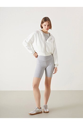 LC Waikiki Λευκό Oversize Crop Γυναικείο Φούτερ - Χοντρό φερμουάρ και κουκούλα