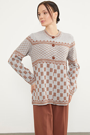 Sementa Stand Collar Patterned Buttoned Knitwear Cardigan - Light Gray