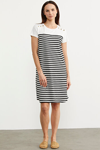 Sementa Button Detailed Striped Combed Cotton Dress - Black