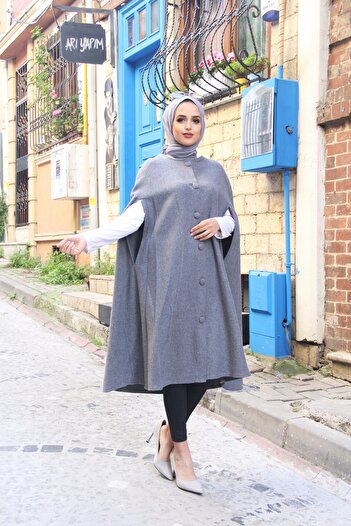 comstar Women's Trendy Buttoned Cashmere Gray Cape Poncho