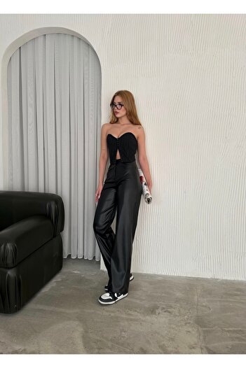 AREF JEANS Kadın Deri Pantolon Siyah Deri Pantolon