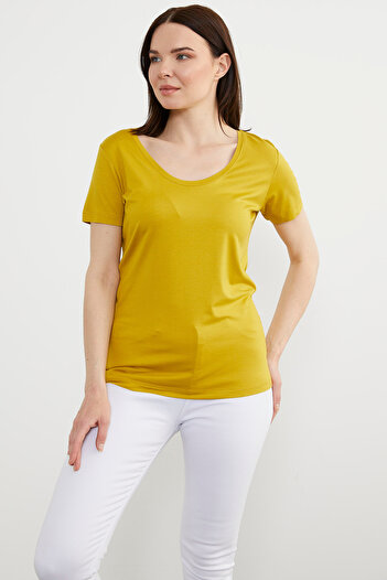 Sementa Open Collar Draped Combed Cotton T-Shirt - Mustard