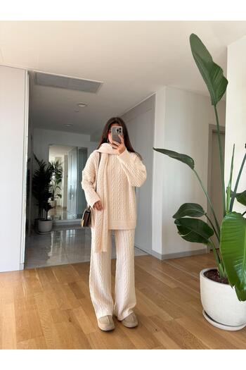 solena sln Women's Standard Size Shawl Weft Hair Braided Knitwear Pants Set