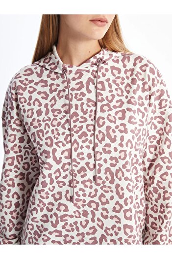 LC Waikiki LCW Modest Mürdüm Kapüşonlu Leopar Desenli Kadın Sweatshirt Tunik